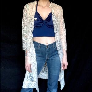 Vintage 60s 70s Cream Lace + Rayon Crepe Duster Jacket